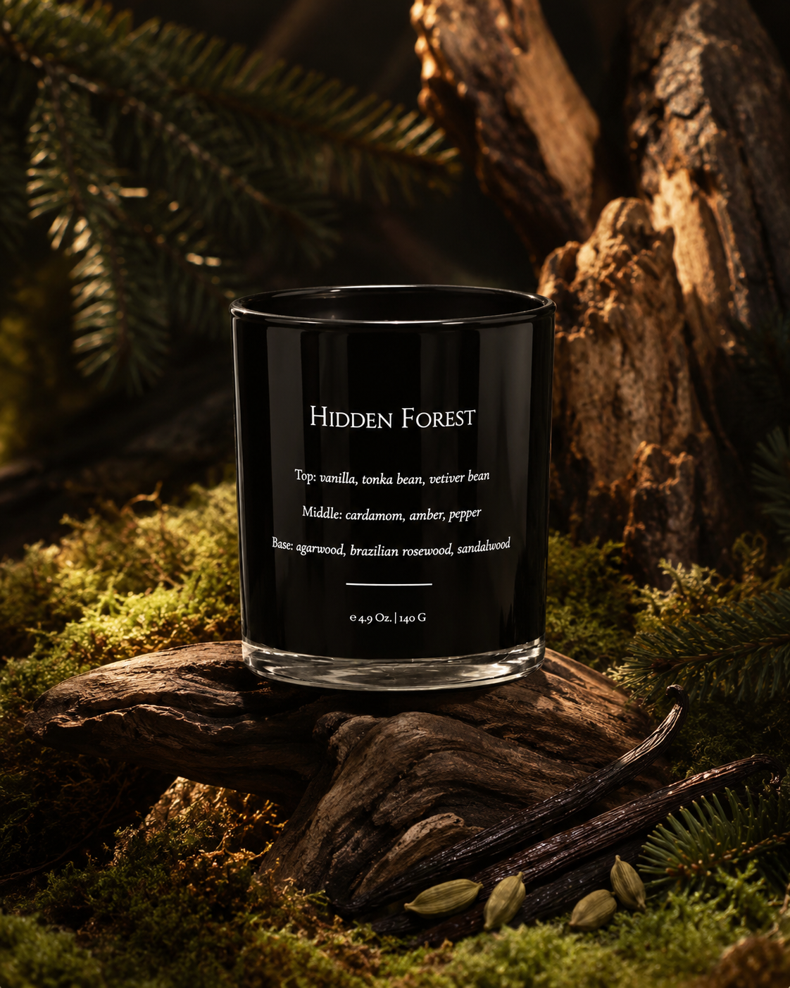 Hidden Forest Soy Wax Candle in matte black vessel with woodland styling