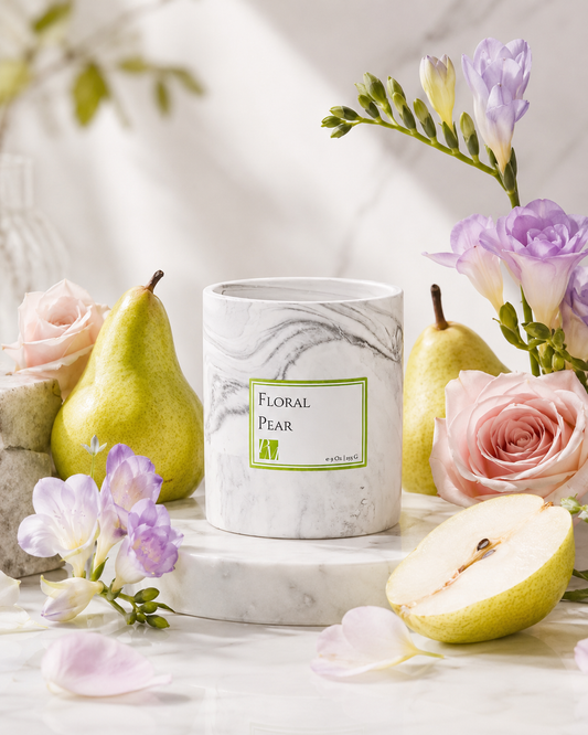 Floral Pear Soy Wax Candle in marble ceramic vessel with fresh pears, roses and freesia