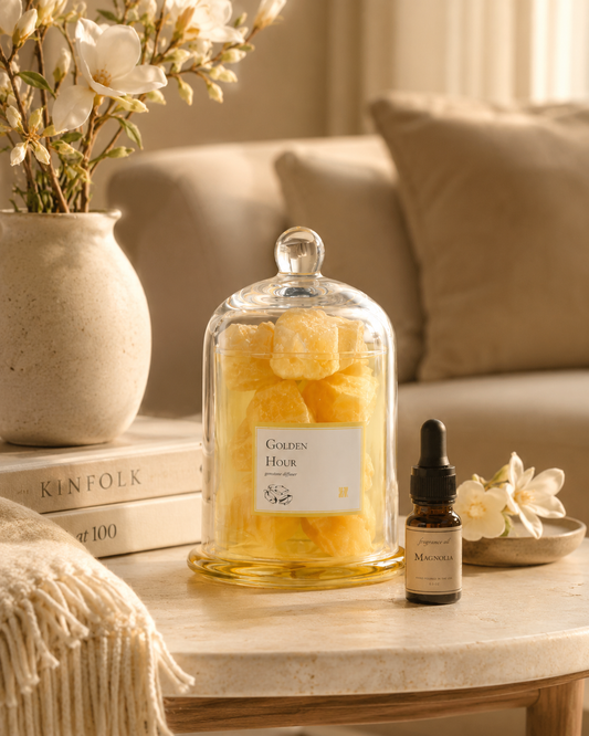 Golden Hour Gemstone Diffuser on a styled shelf with dried florals and fragrance oil bottle