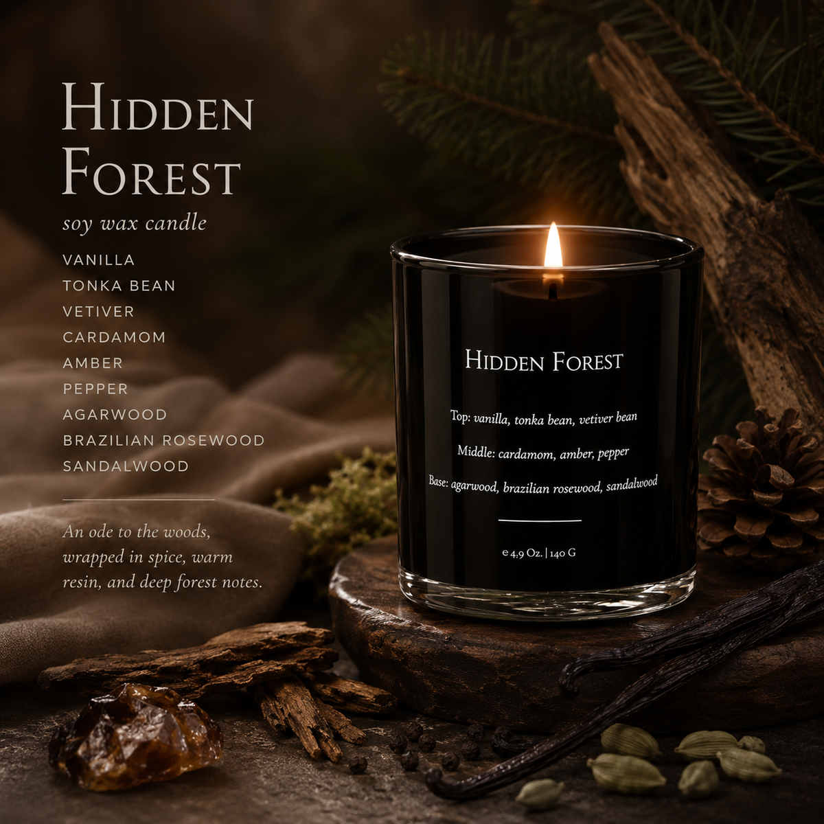 Hidden Forest Soy Wax Candle scent notes - vanilla, tonka bean, vetiver, cardamom, amber, agarwood, rosewood, sandalwood