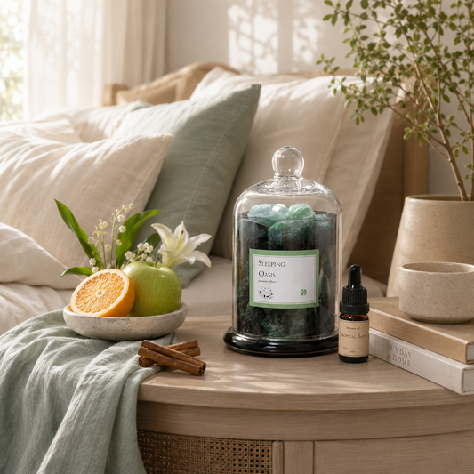 Sleeping Oasis Gemstone Diffuser with green gemstones on a bedside table with fresh citrus