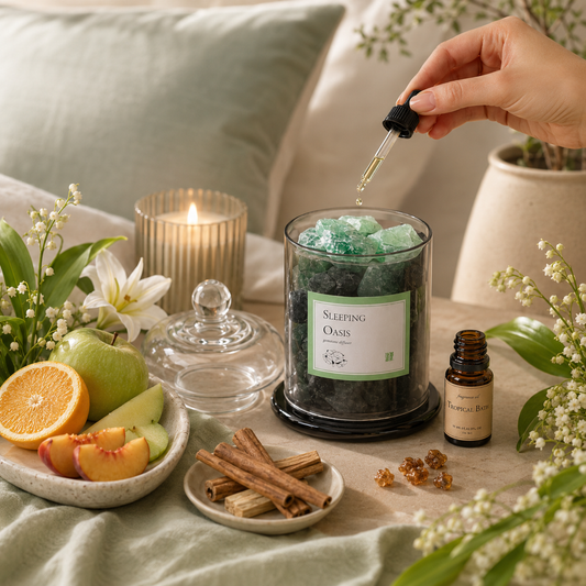 Adding tropical fragrance oil to the Sleeping Oasis Gemstone Diffuser beside a lit candle