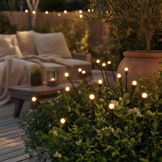 Solar firefly garden lights glowing warmly among greenery on a cozy patio at dusk