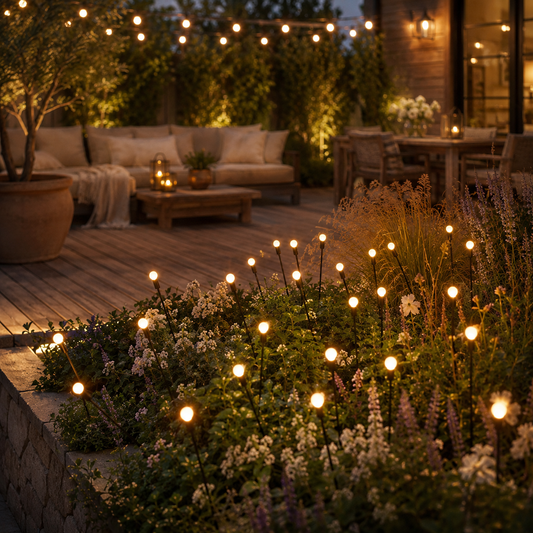 Solar firefly lights swaying over garden beds beside an outdoor lounge with string lights